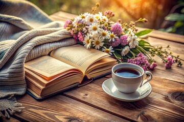 Cozy morning scene with a vintage book open on a wooden table, surrounded by scattered flowers, a cup of coffee, and a soft blanket.