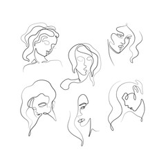 Woman beauty set abstract silhouette, young fashion girl, modern abstract line women poster, continuous line drawing, tattoo, logo design for spa beauty salon, card, isolated vector illustration.