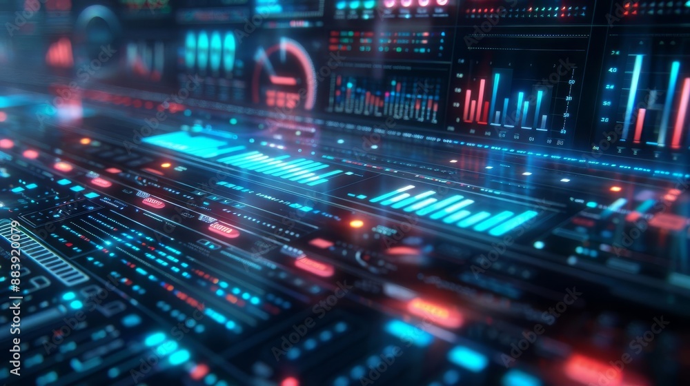 Poster futuristic digital interface with data visualization, graphs, and charts glowing in blue and red lig
