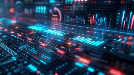 Fototapeta premium Futuristic digital interface with data visualization, graphs, and charts glowing in blue and red light, illustrating advanced technology.