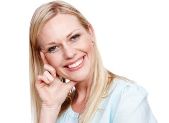 Relax, smile and portrait of woman in studio for positive, satisfaction and pride on white...
