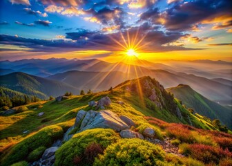 Vibrant sunrise illuminates a serene mountaintop landscape, empty of people, with a subtle hint of joyful energy, evoking feelings of happiness and natural healing.