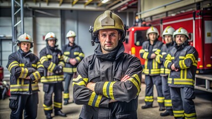 Fototapeta premium Firefighters at the fire station, with confident firefighter standing with arms crossed, looking at the camera with a team in the background