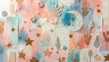 A dreamy collage art background with pastel-colored paint strokes, star and moon cutouts, and snippets of handwritten letters.