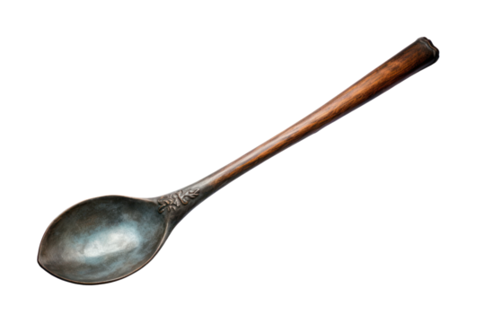 A vintage ladle with a unique design and a patina of age, isolated on a white background