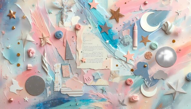A dreamy collage art background with pastel-colored paint strokes, star and moon cutouts, and snippets of handwritten letters.