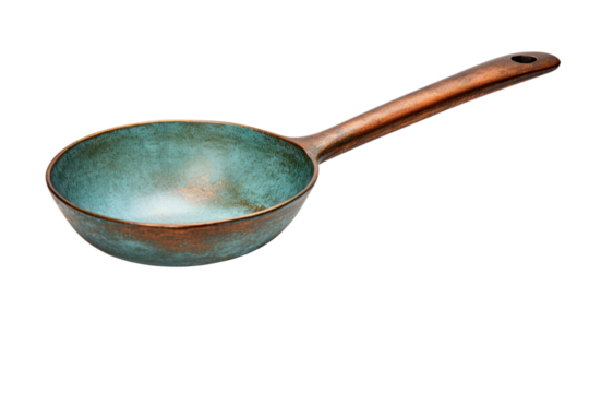 A vintage ladle with a unique design and a patina of age, isolated on a white background