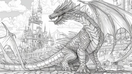 A powerful dragon stands guard in front of a castle in this coloring book page, with detailed architecture and dragon features, inviting creativity and imagination.