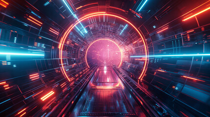 Obraz premium 3D rendering of a modern tunnel with bright blue and pink neon lights. Abstract interior sci-fi spaceship corridor Interior of a spaceship, futuristic design in blue background.
