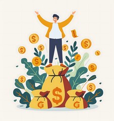 Flat design illustration of business man standing on top of money bags with arms raised in victory, white background, vector style, simple shapes, flat colors, minimalistic