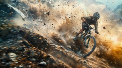 Naklejka premium Mountain Biker Exploding Through Dust.
