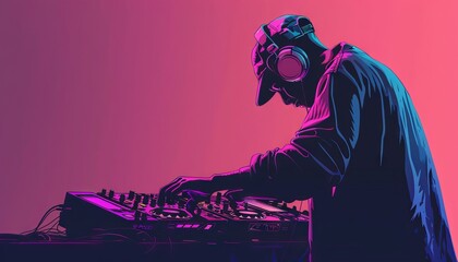 DJ Mixing Music on Turntables in Neon Lights