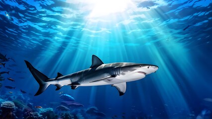 Obraz premium Shark gliding through the depths submerged in the suns filtered rays, AI generated