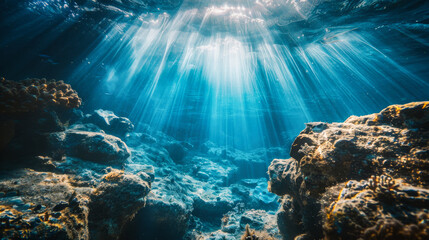 Obraz premium Underwater view of the bottom of the sea with sun rays from above