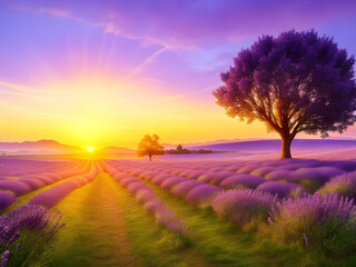 lavender field with tree Summer sunsets Beautiful image of Illustration