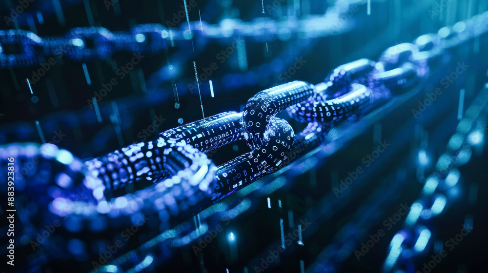Poster digital blue chain with binary code on a dark background