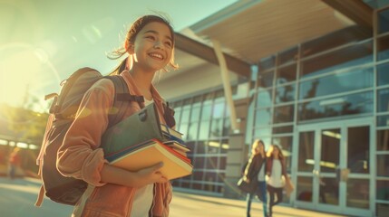 Young student girl smiling with books and backpack walking towards school.