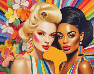 Fototapeta premium 1960s Pop Art: Lesbian Love in Fashionable Retro Style, LGBT Lovers