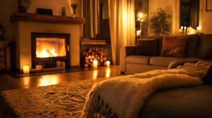 Cozy living room with a fireplace, comfortable couch, and soft lighting.