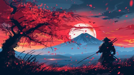 Samurai Silhouette Against Mount Fuji and Cherry Blossoms.