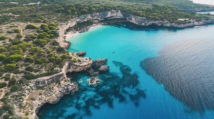 Naklejka premium Aerial View of a Turquoise Cove and Rocky Cliffside