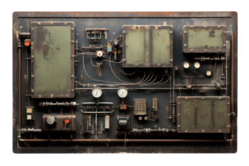 A vintage electrical control panel with exposed wires and rusty components, isolated on a white background