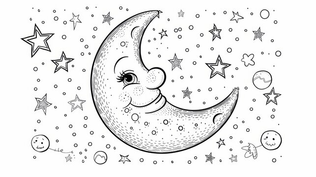 A charming coloring book design featuring a smiling crescent moon with a friendly face, surrounded by smaller stars for a fun and delightful coloring experience.