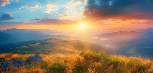 Fototapeta premium Sunrise or Sunset in mountain - panoramic view - panorama