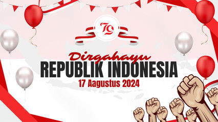 August 17. Indonesian Independence Day Greeting Card. Waving Indonesian flag isolated on red background. Patriotic symbolic background 13