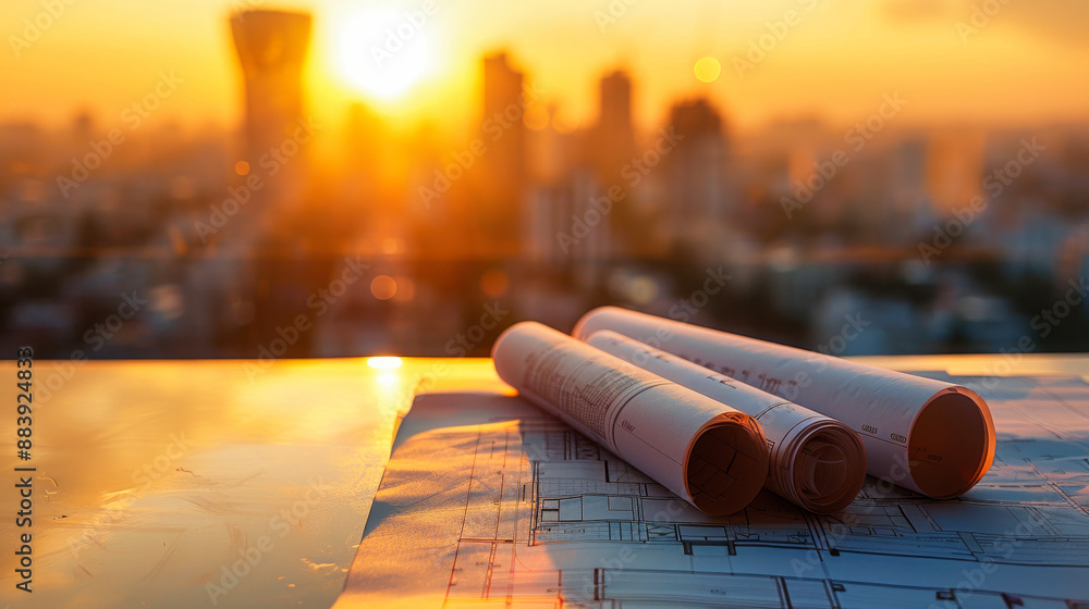 Poster architecture blueprints with rolled up papers on construction site