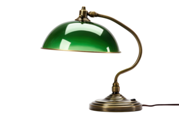 A vintage brass desk lamp with a green glass shade and a flexible arm, isolated on a white background