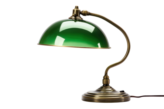 A vintage brass desk lamp with a green glass shade and a flexible arm, isolated on a white background