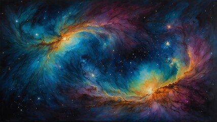 Abstract dark blue space background with glowing planet and stars