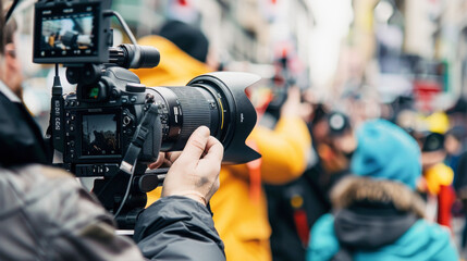 Close-up of hands operating a professional video camera