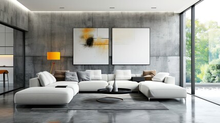 Modern living room interior with sleek furniture and abstract artwork.