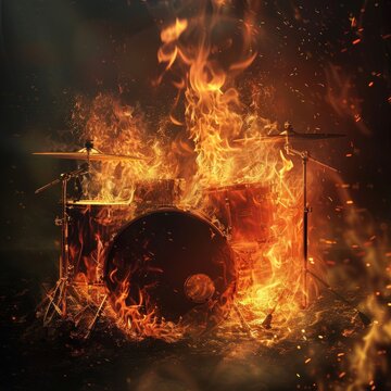 Drums engulfed in flames, with fiery tongues licking their surfaces, creating a dramatic and intense visual of destruction and heat.