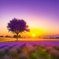 lavender field with tree Summer sunsets Beautiful image of Illustration