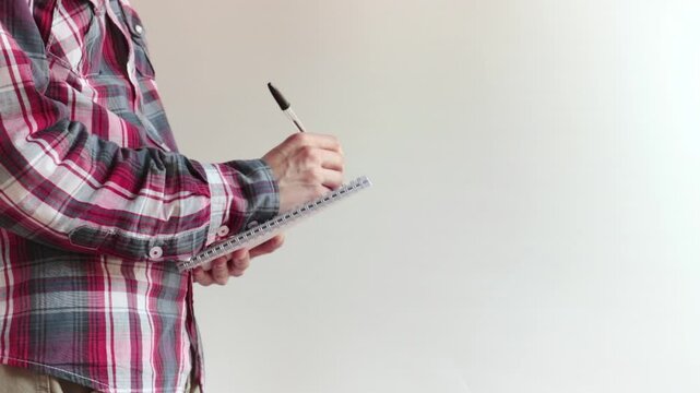 man takes notes, he's in profile writing on white background with copy space
