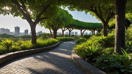 Fototapeta premium Serene Garden Path: Discover tranquility as sunlight bathes a winding stone path amidst lush greenery, inviting a peaceful stroll in nature's embrace. 