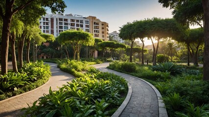 Fototapeta premium Serene Garden Path: Discover tranquility as sunlight bathes a winding stone path amidst lush greenery, inviting a peaceful stroll in nature's embrace. 