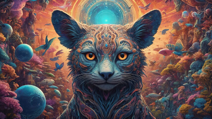 Surreal and Otherworldly Imagery, Psychedelic and Retro-futurism cat face. AI generativ.