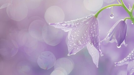 Close-up of a wet Kiky?? (Japanese bellflower) with stem, soft purple blur background, raindrops, graceful and serene.