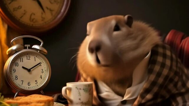 Grumpy Groundhog in a Cozy Jacket Having Breakfast with a Cup of Tea or Coffee. Morning Routine and Groundhog Day