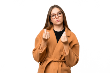 Young blonde woman over isolated chroma key background making money gesture but is ruined