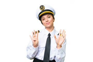 Airplane pilot woman over isolated chroma key background counting nine with fingers