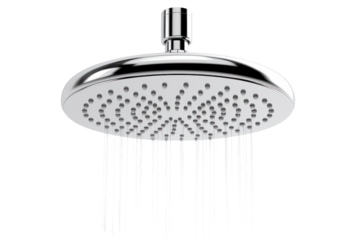 A high-pressure rainfall showerhead with a large, round head, isolated on a white background