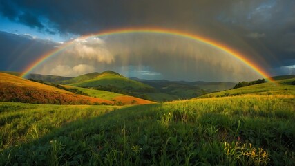 Obraz premium Nature's Kaleidoscope: A Vibrant Rainbow Arcs Over Lush Green Hills, Illuminating a Serene Landscape Bathed in Golden Sunlight