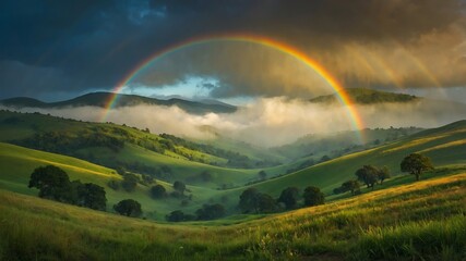 Obraz premium Nature's Kaleidoscope: A Vibrant Rainbow Arcs Over Lush Green Hills, Illuminating a Serene Landscape Bathed in Golden Sunlight