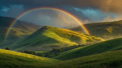 Fototapeta premium Nature's Kaleidoscope: A Vibrant Rainbow Arcs Over Lush Green Hills, Illuminating a Serene Landscape Bathed in Golden Sunlight