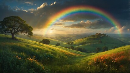 Obraz premium Nature's Kaleidoscope: A Vibrant Rainbow Arcs Over Lush Green Hills, Illuminating a Serene Landscape Bathed in Golden Sunlight